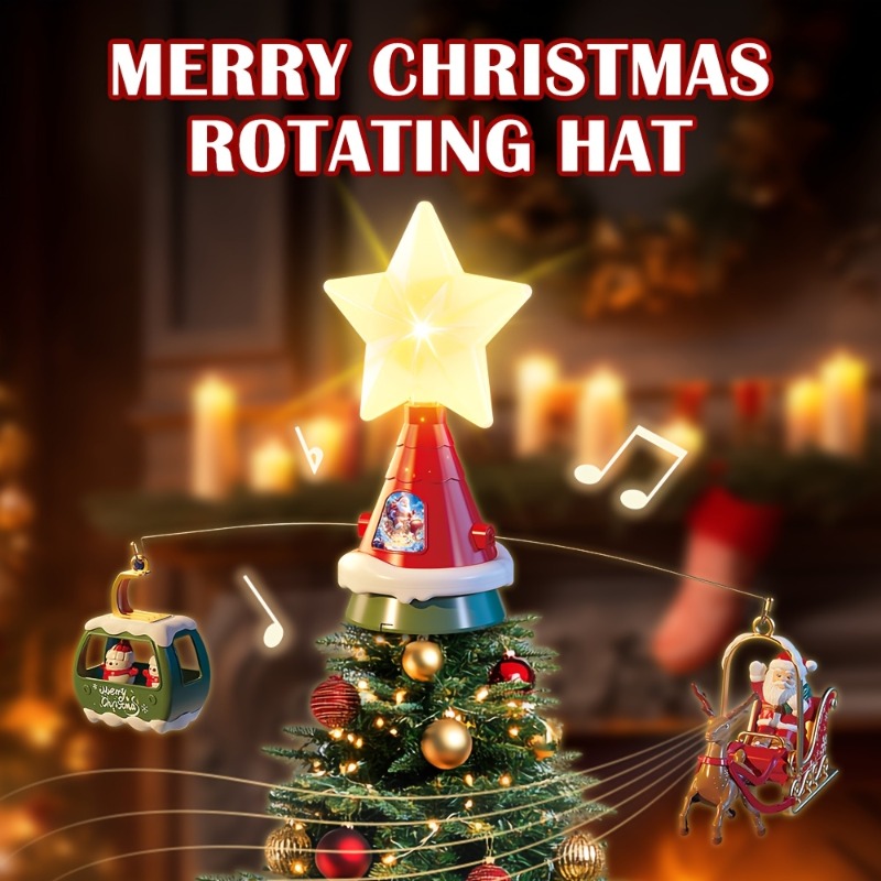 Outdoor Power For Christmas Lights - ม้าหมุนประดับยอดต้นคริสต์มาสพร้อมดนตรีและไฟ ใช้พลังงานจาก USB ของตกแต่งวันหยุดสีสันสดใสสำหรับตกแต่งคริสต์มาสทั้งภายในและภายนอกอาคาร