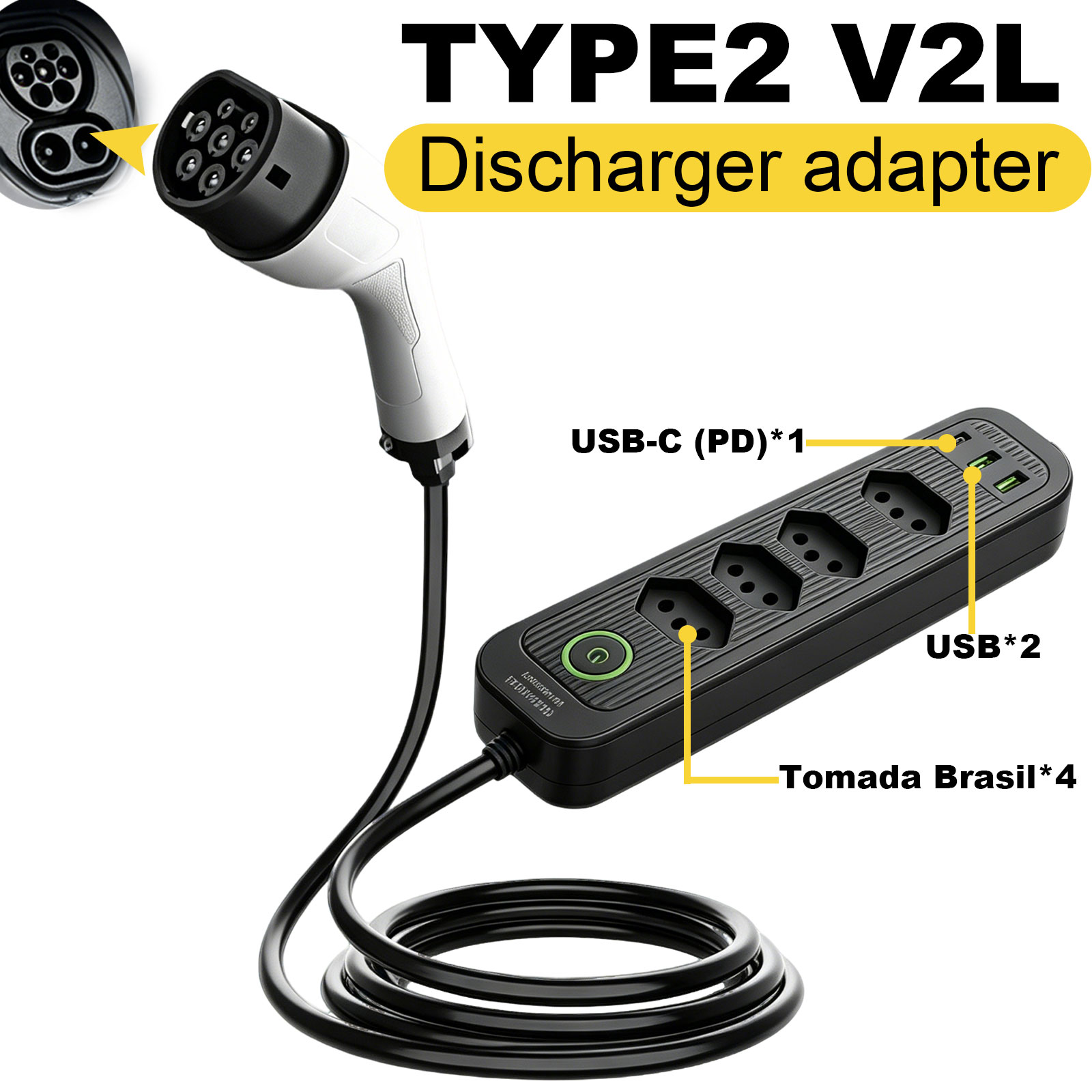 Outdoor Power Outlet - อะแดปเตอร์ปล่อยไฟ Type2 V2L 16A สำหรับปลั๊กบราซิล ใช้กับสถานีไฟฟ้าภายนอกสำหรับรถยนต์ไฟฟ้า
