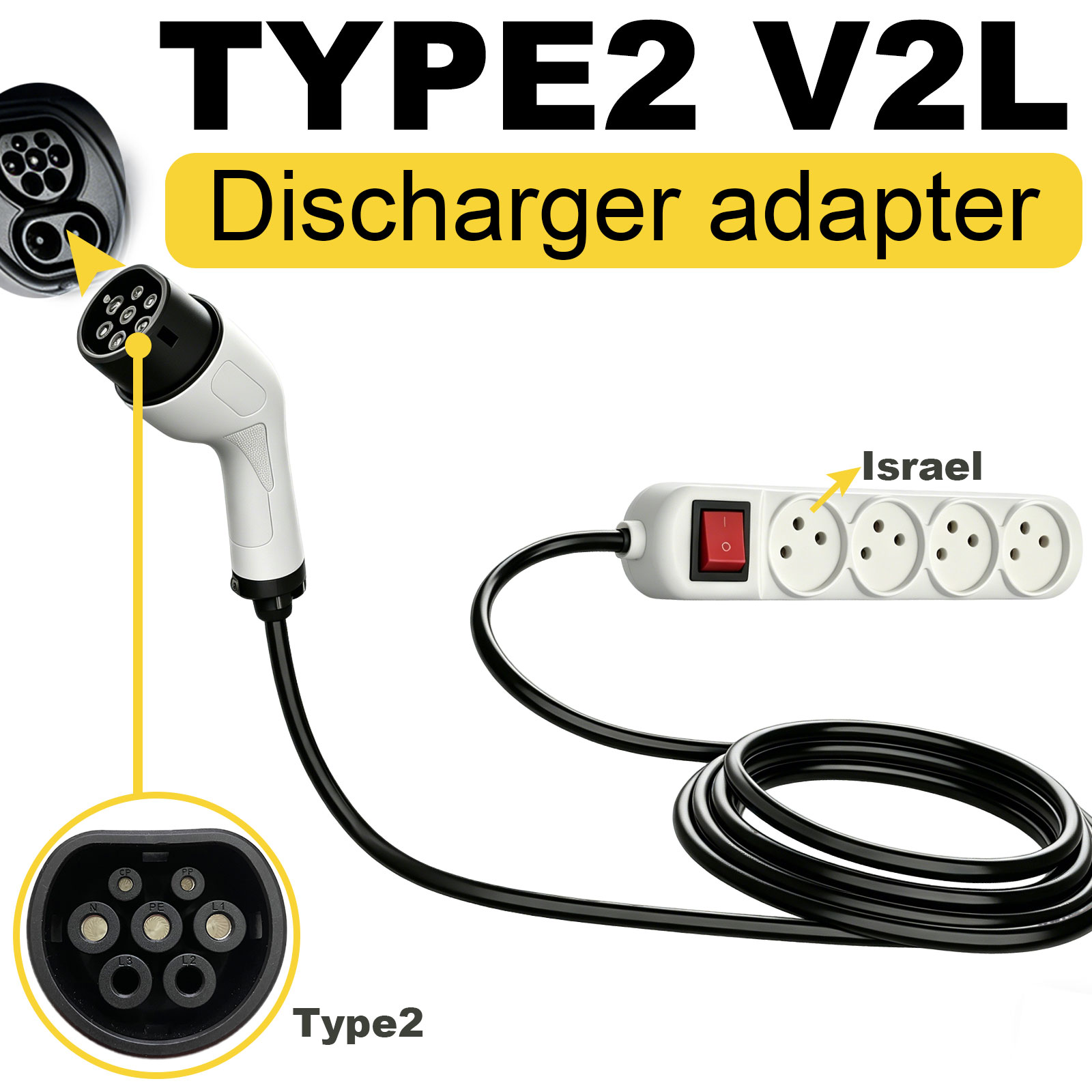 Outdoor Power Outlet - อะแดปเตอร์ปล่อยไฟฟ้า Type2 V2L สำหรับปลั๊กไฟฟ้าอิสราเอล ใช้กับสถานีไฟฟ้ากลางแจ้ง สำหรับรถยนต์ไฟฟ้า